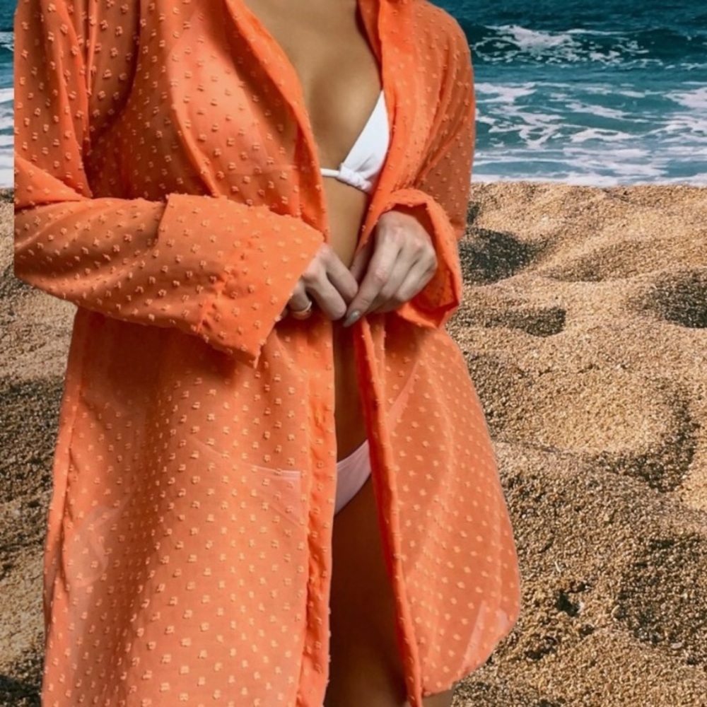 Sheer Orange Button Up Boho Collared Classic Beac… - image 1